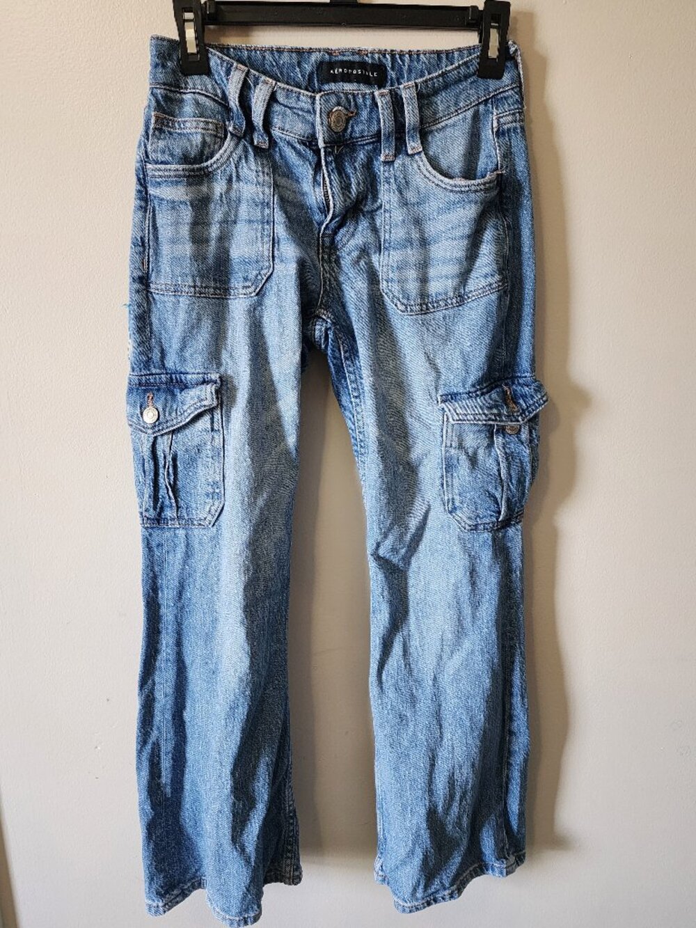 Aeropostale Cargo Flare Jeans Women’s 0S Light Wash Y2K Utility Denim